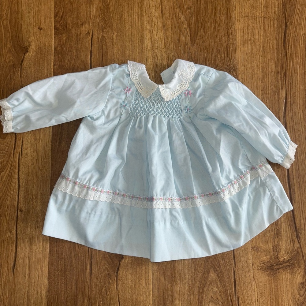 Vintage Light Blue Baby Dress with Lace Collar